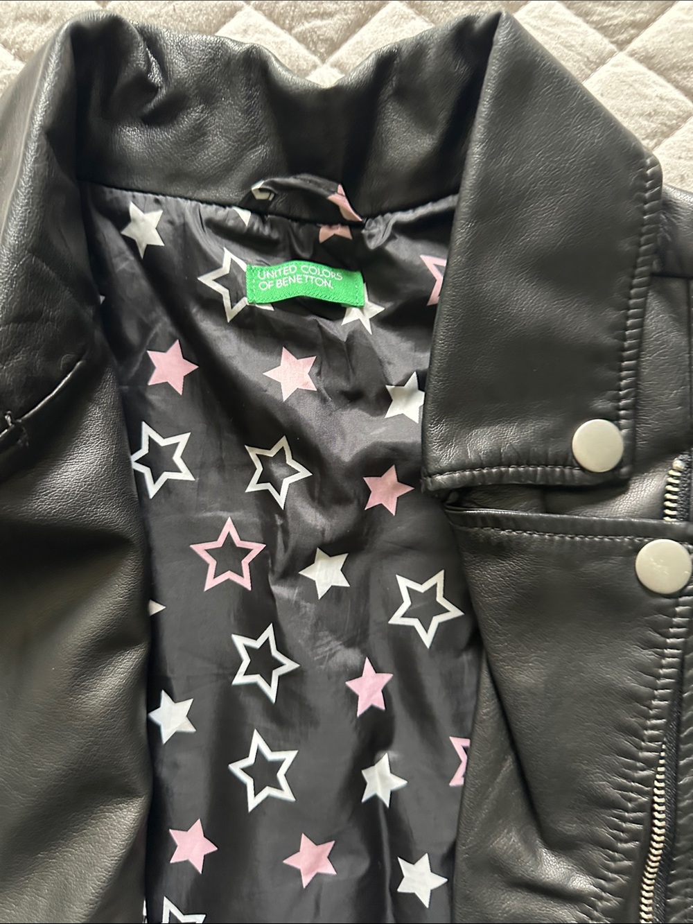 United Colors of Benetton Black Faux Leather Star Lined Jacket